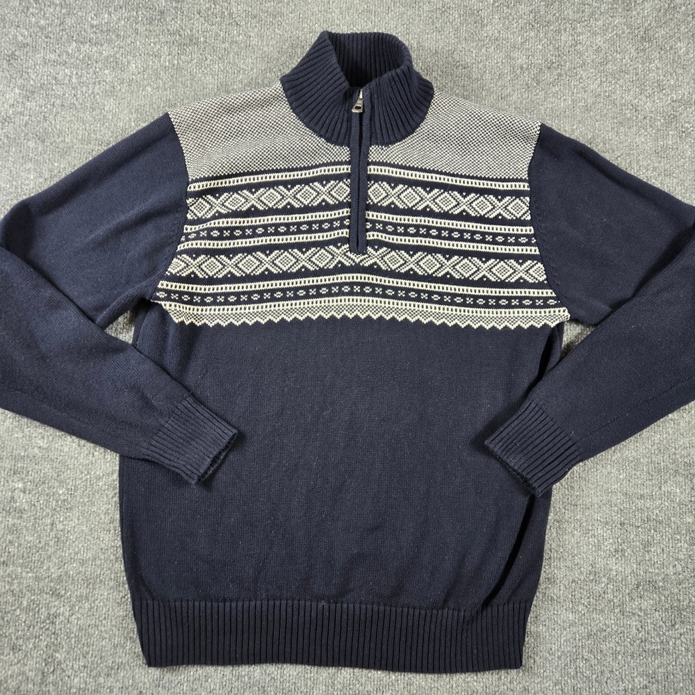 Weatherproof Vintage Sweater Mens Medium Blue Fair Isle 1/4 Zip Cotton Knit